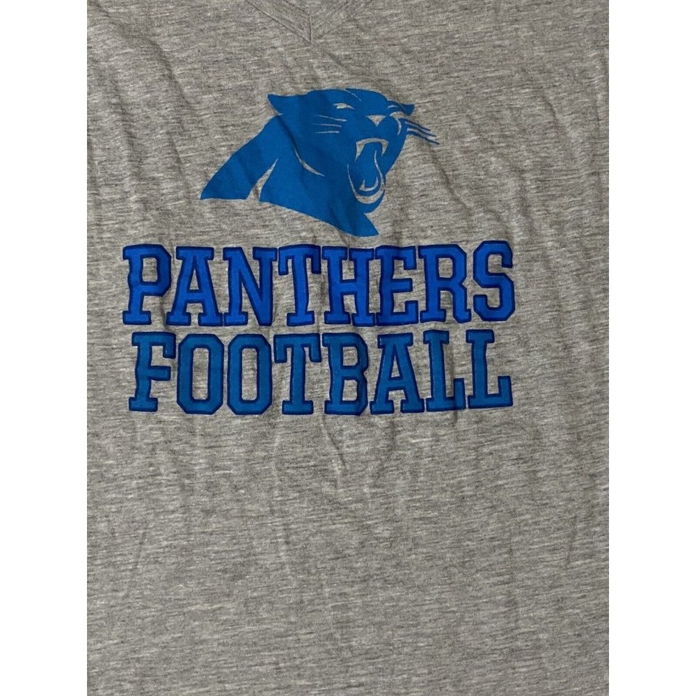 NFL Womans Size Large Carolina Panthers Spellout Vneck Heathered Grey Tshirt